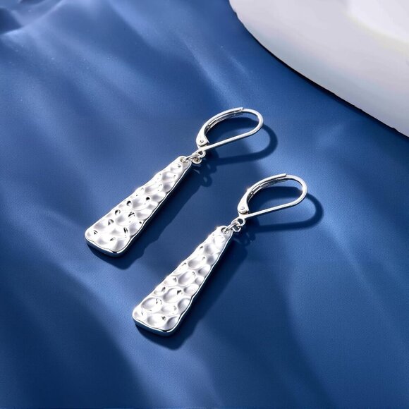 925 Sterling Silver French  Hammer Square Bar Long Drop Leverback Earring - Picture 6 of 7